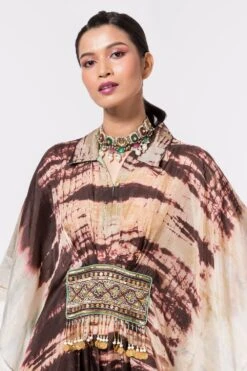 CAPISVIRLEO Ivory & Brown Tie-dye Collared Kaftan -Echo Clohting Shop 44cp4 4