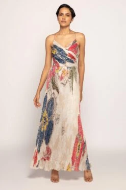 Saaksha & Kinni Ivory Micro Pleated Bandhani Printed Dress