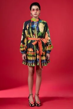Siddhartha Bansal Floral Twilight Black Short Dress With Belt