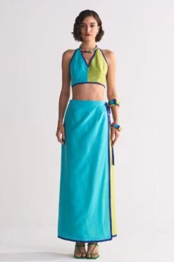Ikai Lime Green Colour Blocked Wrap Skirt