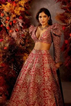 Mrunalini Rao Red Handcrafted Zardosi Rosette Lehenga Set -Echo Clohting Shop 61mrc1 5