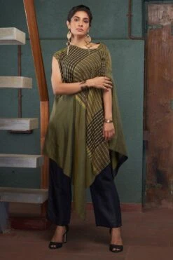 Bodhi Tree Olive Green Asymmetric Kurta Set