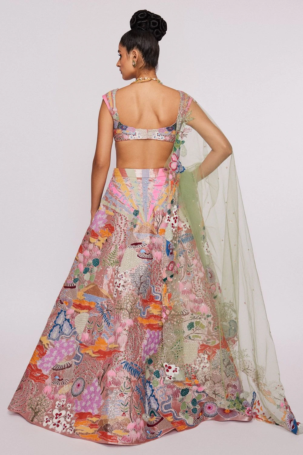 Aisha Rao Peach Tissue Appliqued & Embellished Lehenga Set 3 Aisha Rao Peach Tissue Appliqued & Embellished Lehenga Set - Image 3