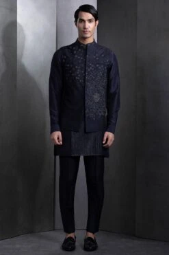 Rohit Gandhi + Rahul Khanna Men Midnight Navy Swirl Daisy Embroidered Bundi -Echo Clohting Shop 8124rgrk12 1