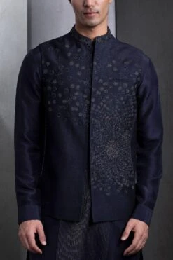 Rohit Gandhi + Rahul Khanna Men Midnight Navy Swirl Daisy Embroidered Bundi -Echo Clohting Shop 8124rgrk12 2