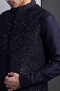 Rohit Gandhi + Rahul Khanna Men Midnight Navy Swirl Daisy Embroidered Bundi -Echo Clohting Shop 8124rgrk12 3