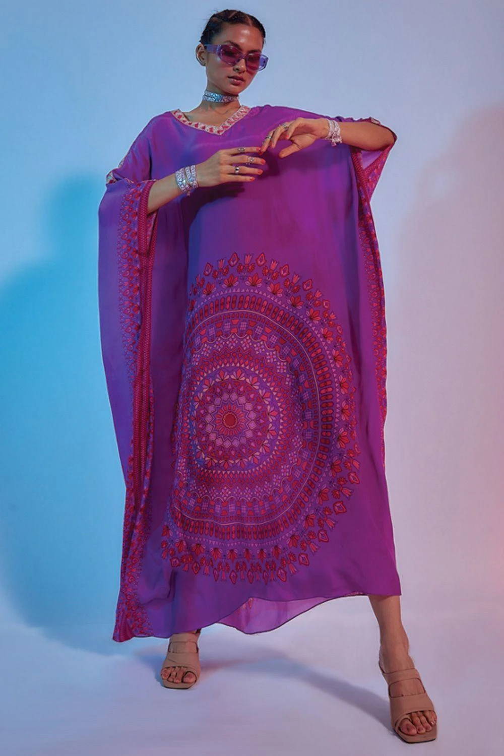 SVA Purple Printed Crepe Silk Kaftan 1 SVA Purple Printed Crepe Silk Kaftan