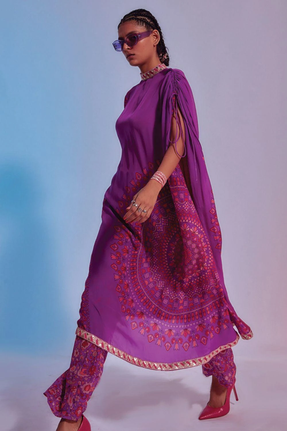 SVA Purple Printed Drawstring Kaftan & Pants Set 1 SVA Purple Printed Drawstring Kaftan & Pants Set