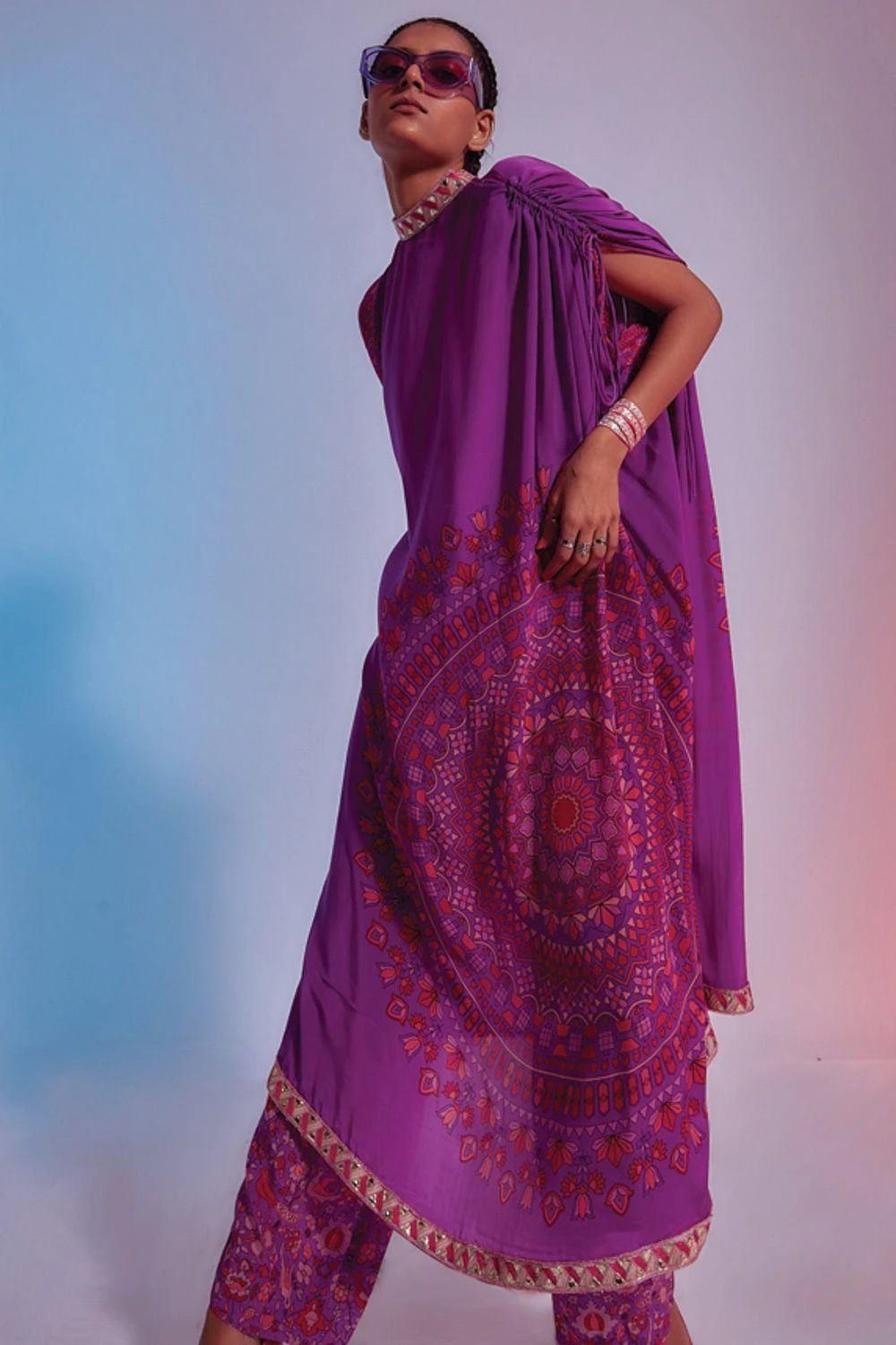 SVA Purple Printed Drawstring Kaftan & Pants Set 2 SVA Purple Printed Drawstring Kaftan & Pants Set - Image 2