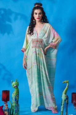 CAPISVIRLEO Mint Green Cotton Silk Kaftan Dress