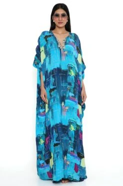 Payal Singhal Teal Painterly Printed Embroidered Kaftan