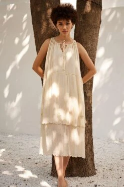 Khara Kapas Ecru Floral Embellished Midi Dress