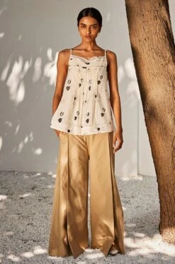 Khara Kapas Khaki Flared Pleated Trousers