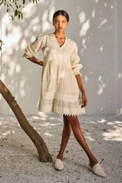 Khara Kapas Off White Pintucked Dress