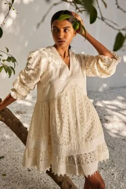 Khara Kapas Off White Pintucked Dress -Echo Clohting Shop 91023kk31 4