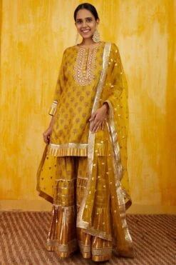 Gopi Vaid Mustard Printed Gota Sharara Set