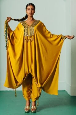 Prahnaaya Mustard Hand Embellished Ajrakh Kaftan Set