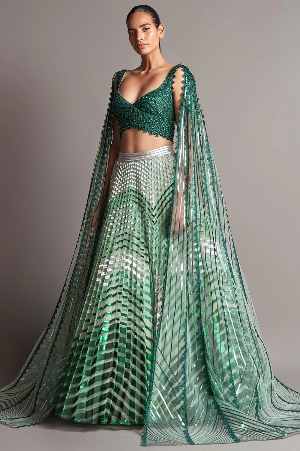 Amit Aggarwal Emerald Plisse Flowy Lehenga 1 Amit Aggarwal Emerald Plisse Flowy Lehenga