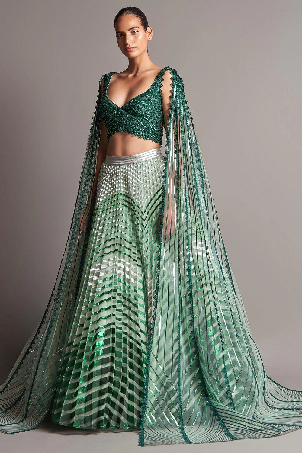 Amit Aggarwal Emerald Plisse Flowy Lehenga 2 Amit Aggarwal Emerald Plisse Flowy Lehenga - Image 2