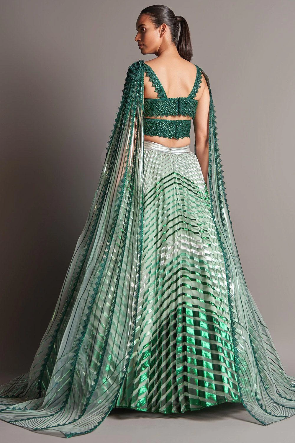 Amit Aggarwal Emerald Plisse Flowy Lehenga 3 Amit Aggarwal Emerald Plisse Flowy Lehenga - Image 3