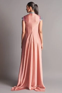 Amit Aggarwal Coral Draped Dress With A Metallic Chevron Yoke -Echo Clohting Shop aair 057 blsh 3