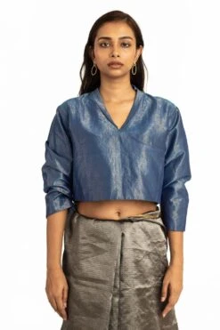 Akaaro Blue Silk Zari Collared Blouse