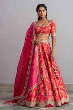 Anushree Reddy Cherry Red Floral Lehenga Set
