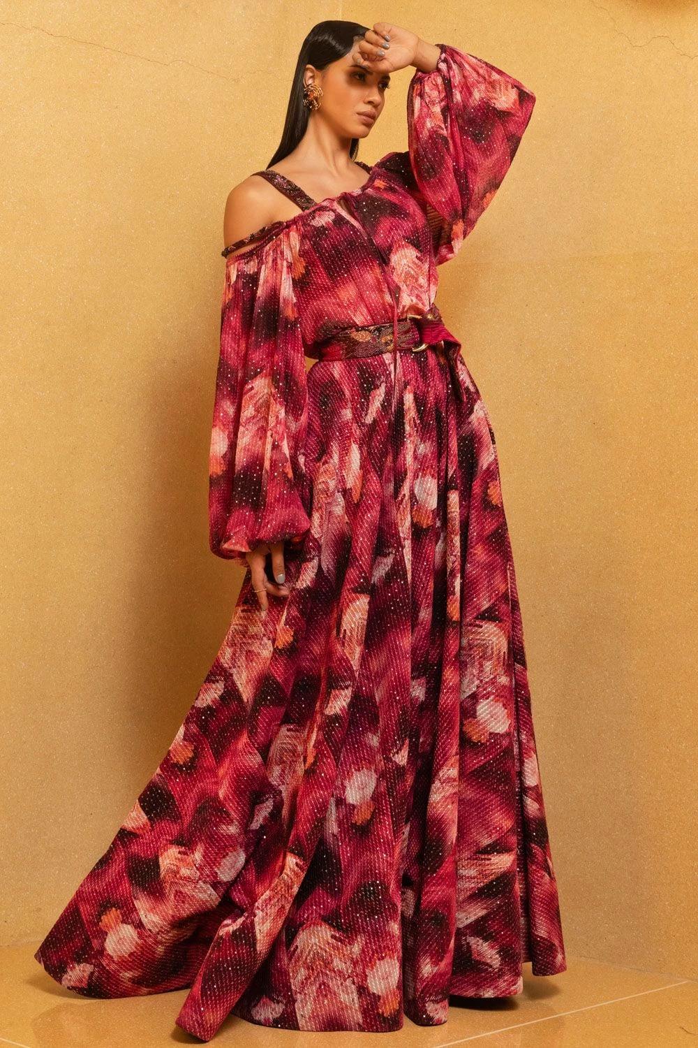 Nikita Mhaisalkar Magenta Trippy Print Sequin Skirt With Belt 2 Nikita Mhaisalkar Magenta Trippy Print Sequin Skirt With Belt - Image 2