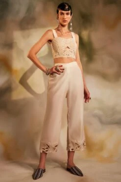 Chandrima Ivory Chanderi Cutwork Pants
