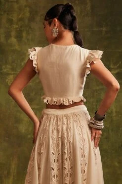 Chandrima Ivory Pleated Bouse With Cutwork Ruffles -Echo Clohting Shop cfw21t18 3