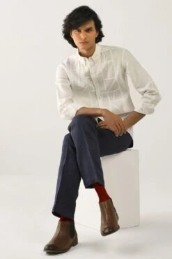 Countrymade Ivory Linen Cotton Shirt With Stitch Detailing -Echo Clohting Shop cm ctd sh 10 4