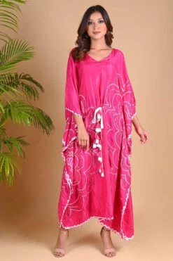 Pink Silk Kaftan With Bandhni Flower Motifs