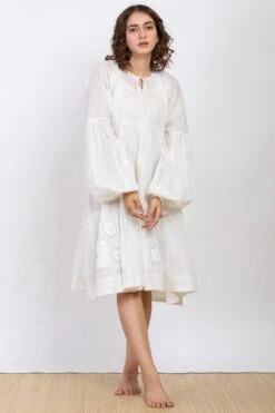 Ekadi Ecru Cotton Silk Embroidered Dress