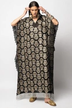 Heirloom By Rara Avis Hamsa Embroidered Kaftan With Silver Fringe Lace