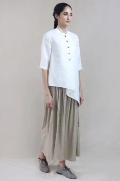 Ivory Organza Detailed Asymmetric Linen Shirt
