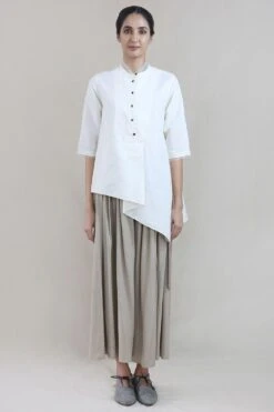 Ivory Organza Detailed Asymmetric Linen Shirt -Echo Clohting Shop int ss20 d1 13 3