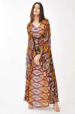 KoAi Maroon & Mustard Dabu Print Kaftan