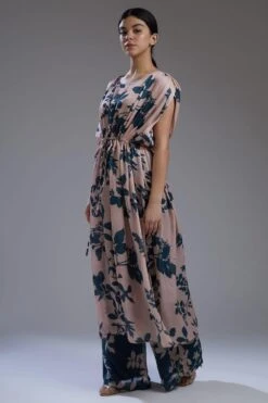 KoAi Satin Silk Teal & Peach Floral Pants