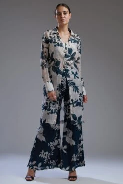 KoAi Chanderi Silk White & Teal Floral Long Shirt