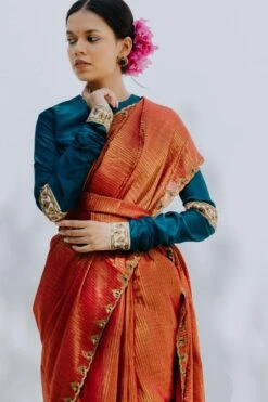 Mimamsaa Teal Green Full Sleeves Chanderi Silk Blouse -Echo Clohting Shop mim01208o 3