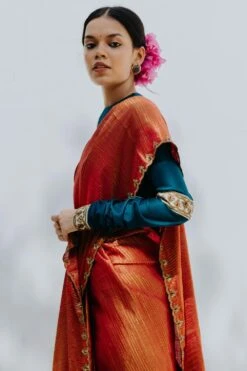 Mimamsaa Teal Green Full Sleeves Chanderi Silk Blouse -Echo Clohting Shop mim01208o 4