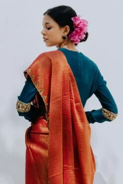 Mimamsaa Teal Green Full Sleeves Chanderi Silk Blouse -Echo Clohting Shop mim01208o 5