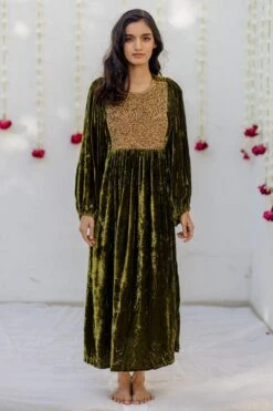 Mimamsaa Olive Green Hand Embroidered Velvet Kaftan Dress