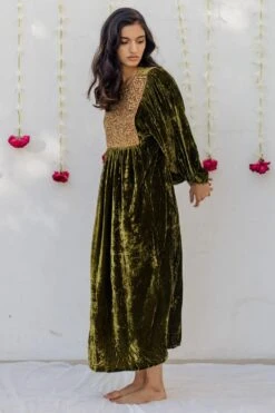 Mimamsaa Olive Green Hand Embroidered Velvet Kaftan Dress -Echo Clohting Shop mimrj003 3