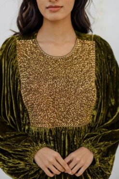Mimamsaa Olive Green Hand Embroidered Velvet Kaftan Dress -Echo Clohting Shop mimrj003 4