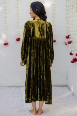 Mimamsaa Olive Green Hand Embroidered Velvet Kaftan Dress -Echo Clohting Shop mimrj003 5