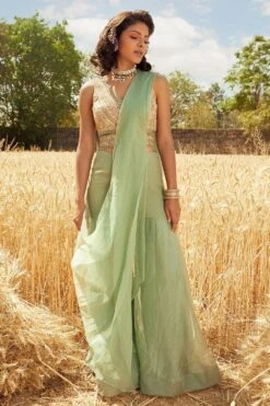 Ridhima Bhasin Aqua Embroidered Blouse & Sharara Set With Drape