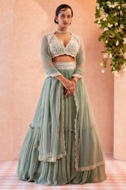 Ridhi Mehra Sea Green Embroidered Two Tier Lehenga Set