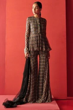 Ridhi Mehra Black Ikat Printed Peplum Sharara Set