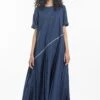 Three Navy Dress With Asymmetric Pleats